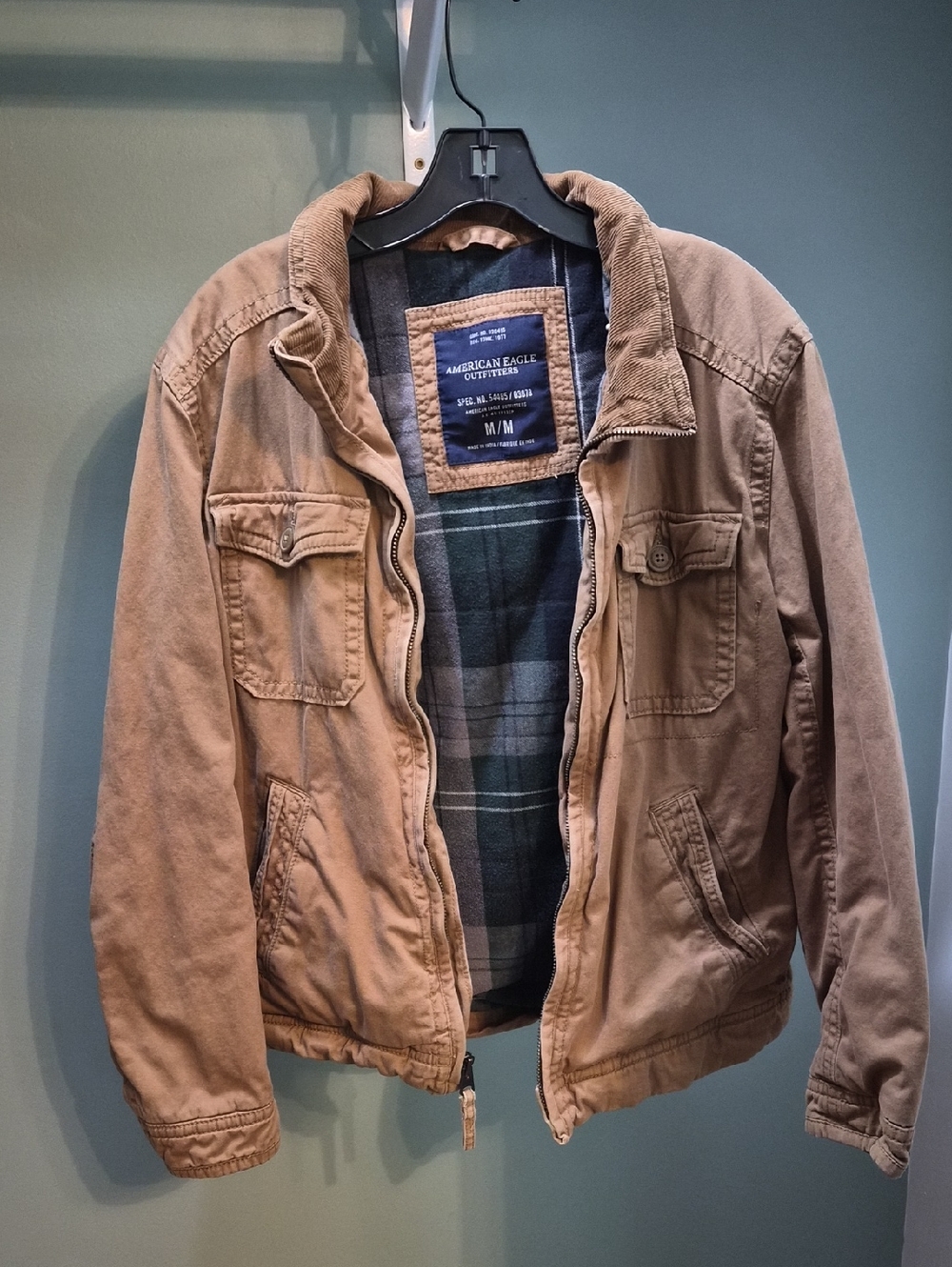 American Eagle Outfitters Tan Men's Field Jacket with Plaid Lining